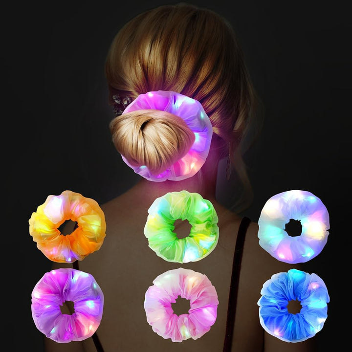 LED Light up Elastic Hair Bands, 6Pcs Luminous Hair Ties, 3 Colors Light Modes LED Scrunchies, Light up Hair Scrunchies for Halloween Rave Glow Party