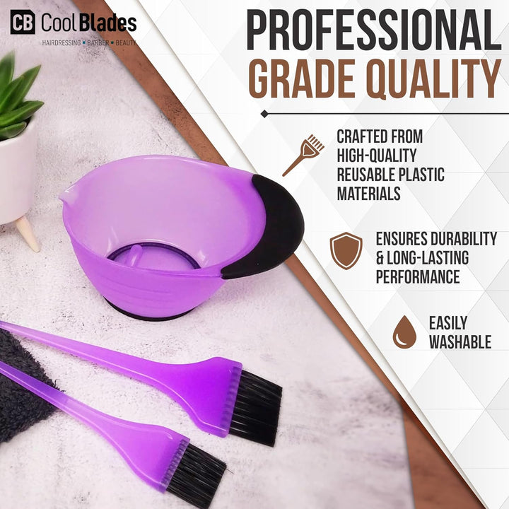 Professional Hairdresser'S 3 Piece Purple Tinting/Dye Kit, Includes Tinting Bowl, 1 Large and 1 Small Tint Brush. an Ideal Hair Dye Bowl and Brush Set for Work or Home Use.
