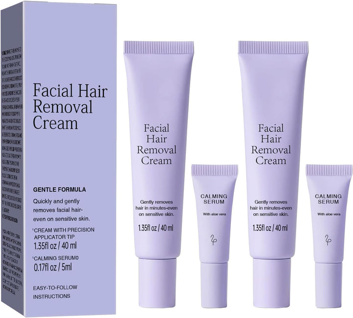 Facial Hair Removal Cream for Women, Ladies Body and Face Hair Remover Cream for Sensitive Skin, Upper Lip, Chin & Cheeks + Calming Serum, 8-Minute Fast Acting Gentle Painless Depilatory Creams Kit