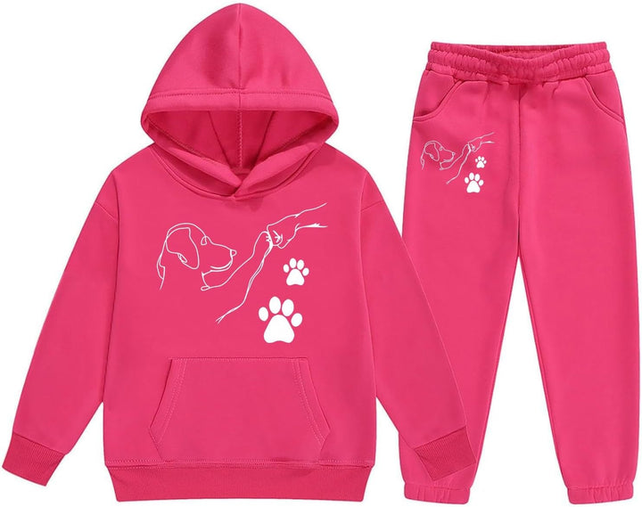 Girls Casual Hooded Tracksuit with Cute Cartoon Fist Bump Print and Drawstring Pockets for Autumn Winter Season