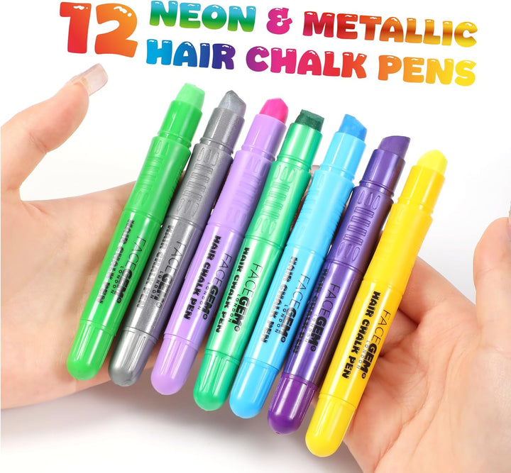 12 Hair Chalks, 12 NEON & METALLIC Hair Chalk, Non-Toxic Easy Washable Hair Dye Colourful, METALLIC & NEON Hair Chalk - Perfect for Festivals, Halloween, Parties, Hair Chalks for Girls