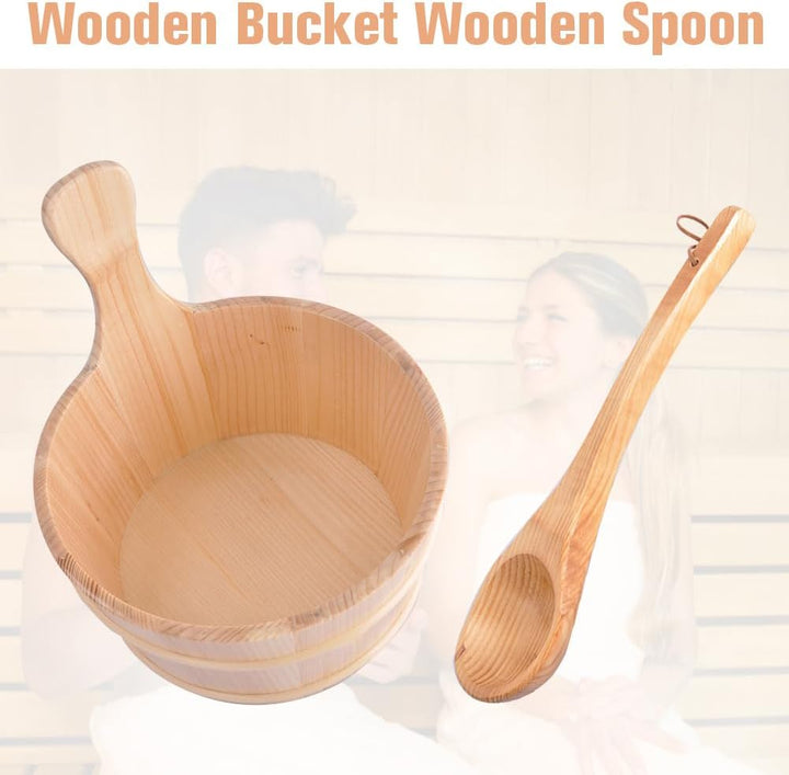2 Pieces Sauna Wooden Bucket and Ladle Set, Sauna Accessories Kit, Wood Sauna Barrel Set, 4L Sauna Water Bucket with Handle and Spoon, Wooden Buckets Bathroom Wooden Bucket & Ladle Set