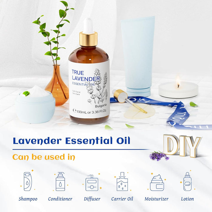 100Ml Lavender Essential Oil Pure, 100% Natural Therapeutic Grade for Aromatherapy Diffuser, Skin Care, Hair, Includes Premium Quality Glass Dropper
