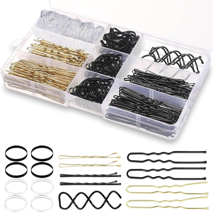 300 Pcs Bobby Pins Kit, Hair Pins for Women, Hair Grips, 100 Brown Waved Hair Pins (50Pcs L+50Pcs S), 100 Brown U Shaped H-Air P-Ins, 100 White Elastic Bands, with Storage Box