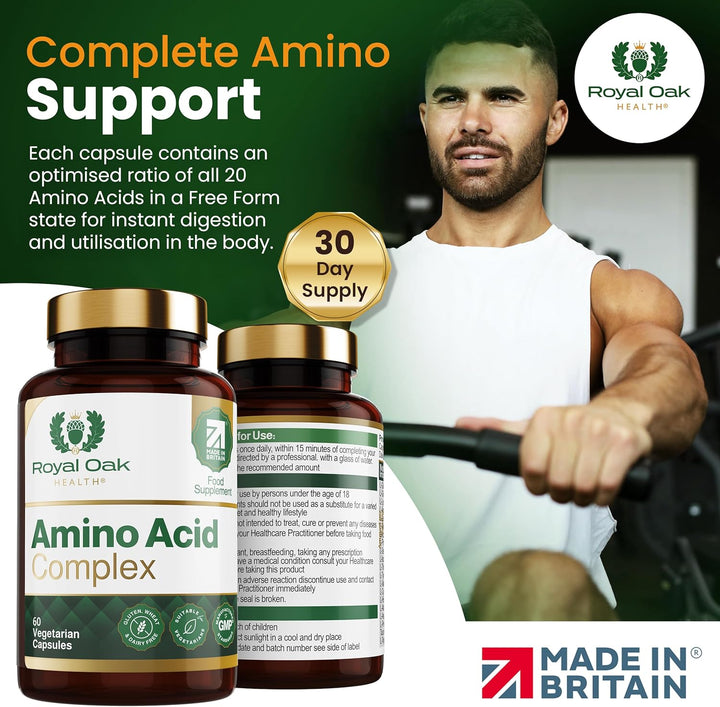 Full Spectrum Amino Acid Complex | Complete with All 20 EAA & Bcaas in Free Form for Instant Digestion | Essential & Branch Chain Amino Acids Supplement | 60 Vegan Capsules | UK Made