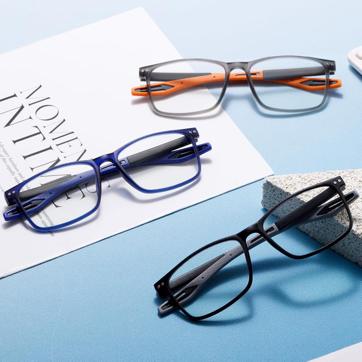 3 Pack Reading Glasses for Men Sporty Style Blue Light Blocking Square Frames Lightweight Comfortable Readers