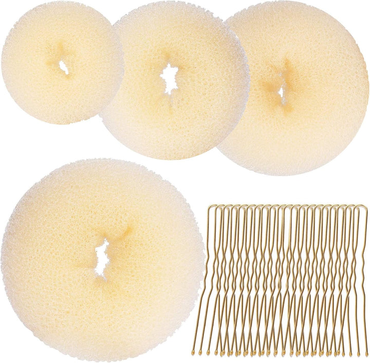 Hair Bun Shaper Set, 4 Size Beige Donut Bun Maker + 20 Golden Bobby Pins for Blonde, Chignon Bun Maker Hair Ring Style Accessories for Dancer Ballet Girls Extra-Large, Large, Medium, Small