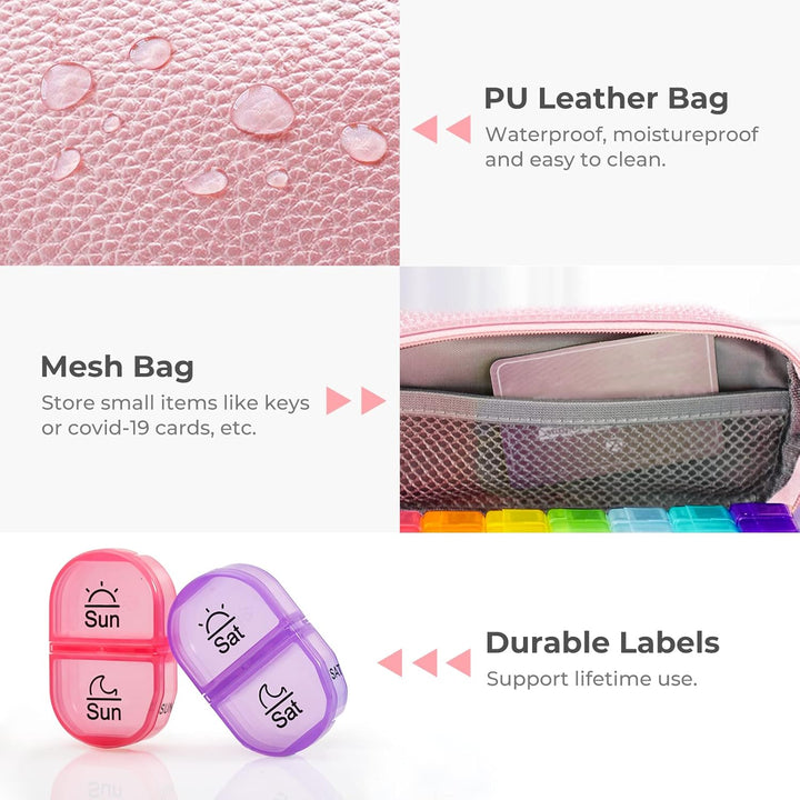 Pink PU Leather Bag Pill Boxes 7 Day 2 Times a Day, Large AM/PM Pill Box Organiser with Portable Zipper Leather Bag for Holding Supplements, Vitamins and Fish Oils