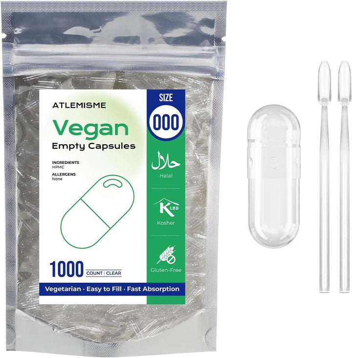 Empty Capsules Size 000 100 Count,Clear Empty Vegan Capsules Kosher,Halal and Non GMO Certified for DIY Supplements.Hypoallergenic Veggie Capsule Empty with 2 Spoons,Adapted to the Capsule Filler