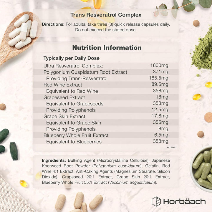 Resveratrol Supplement 1800Mg | 180 Capsules | Trans Resveratrol Complex with Grapeseed, Grape Skin, Red Wine Extract and Blueberry | Source of Polyphenols | by