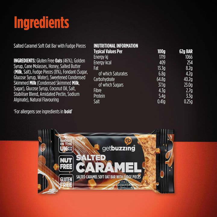 Getbuzzing Nut Free Oat Flapjack Healthy Snack & Energy Bars - Running,Gym, Cycling - Breakfast Snack - Made in the UK - Salted Caramel Pack of 20 X 62G Bars