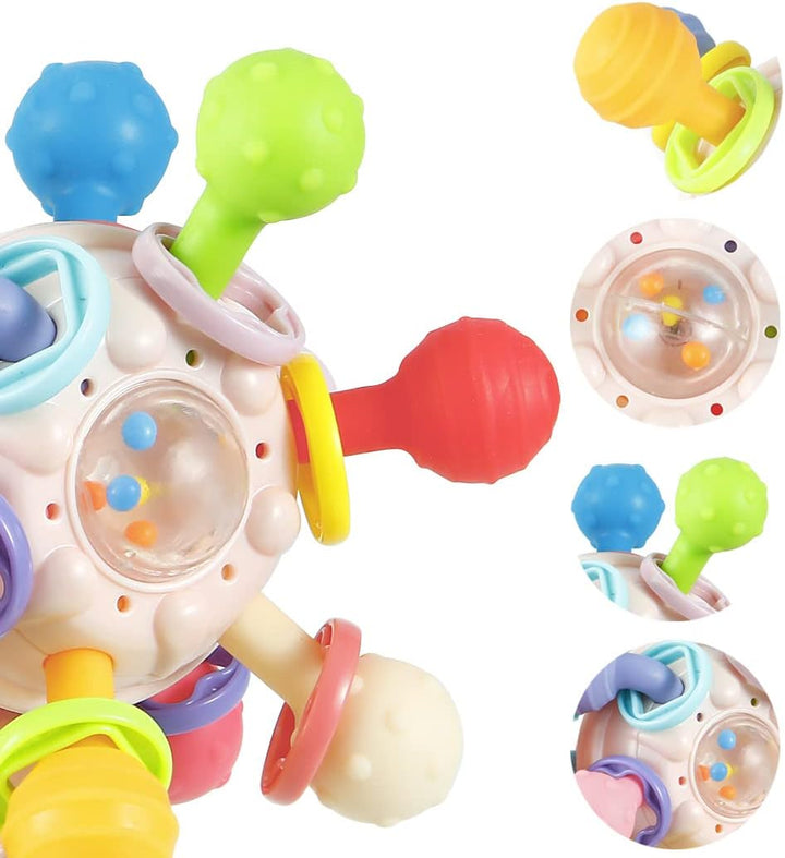 Baby Sensory Toys for 0-6 Months, Silicone Teething Toy with Grasping Activity, Infant Rattle Teether, BPA Free