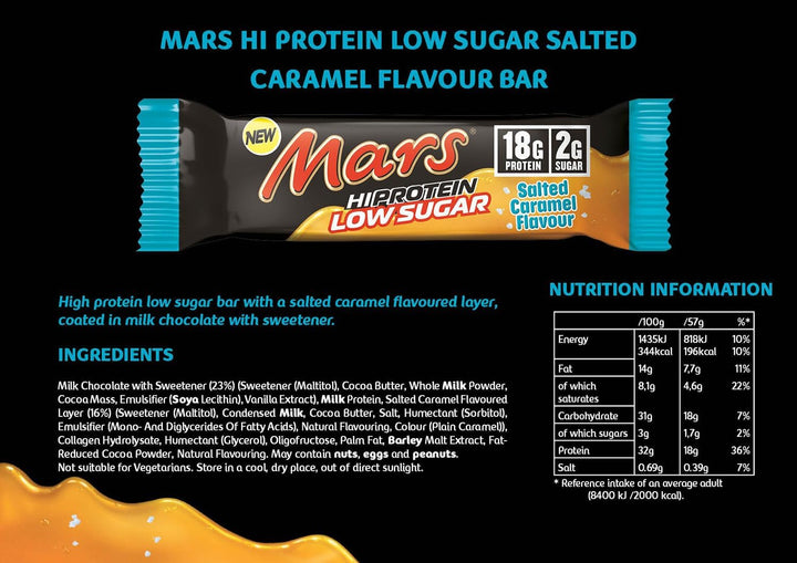 - Salted Caramel Low Sugar Chocolate Hi Protein Bars | 12 X 57G Pack, Only 2G of Sugar per Bar, High Protein Energy Snack, 18G Protein