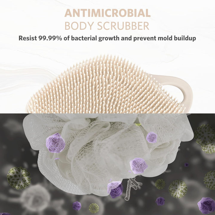 Silicone Body Scrubber, Gentle Exfoliating Shower Scrubber for Sensitive Skin, Leaf Shaped Silicone Loofah Body Brush with Lathering Bristles, Oatmeal