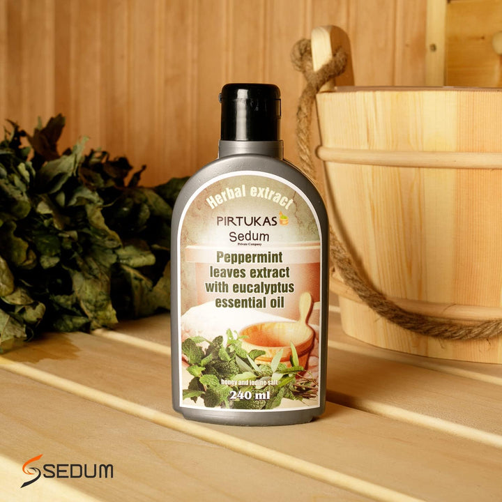 Natural Herbal Extract for Sauna, Massage, Broom Soaking - Sauna Infusion with Peppermint Leaves Extract with Eucalyptus Essential Oil, Honey and Iodine Salt - 240Ml