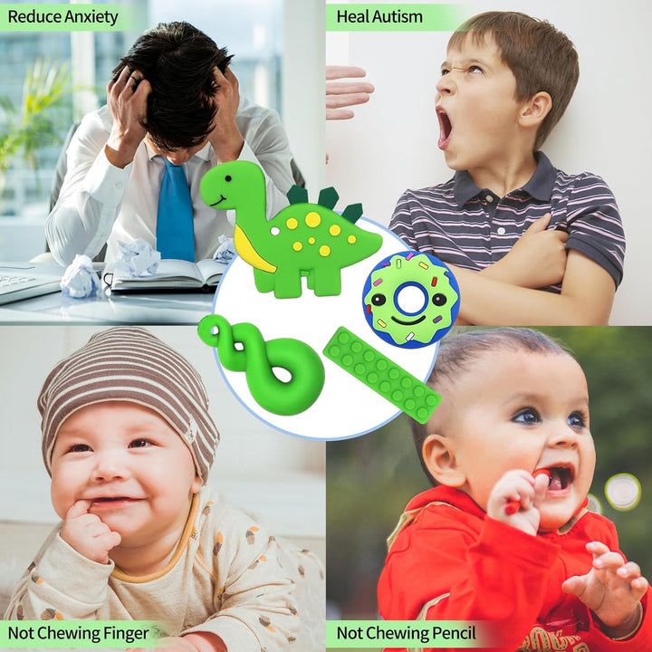 6PCS Sensory Chew Necklace, Teether Chew Toys Safety Food Grade Silicone for Kids Toddlers ADHD, Autistic, Biting Needs, Oral Motor Teether Chew Pendant Toy with Adjustable Buckle for Baby Boys(Green)