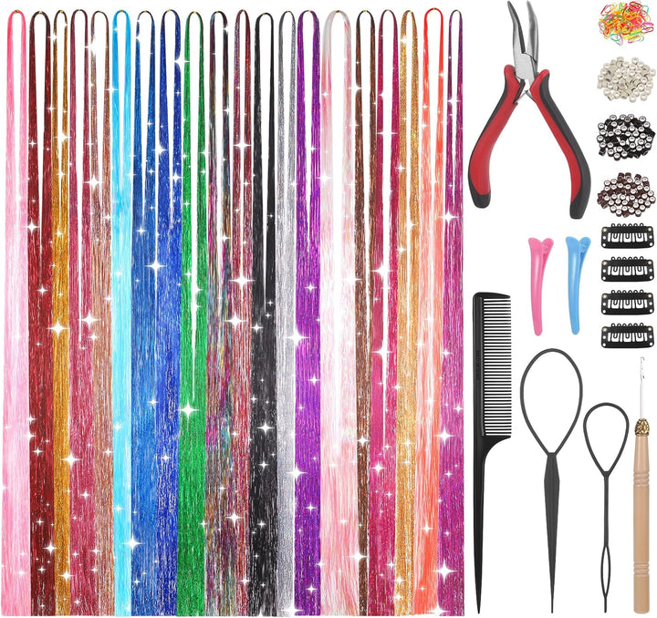 14 Colors 4200 Strands Hair Tinsel, 35.5 Inches Hair Glitter Strands Shiny Colorful Straight Hair Extensions for Women Girls Party Cosplay Rainbow, Hair Tinsel Kit (No Tools)