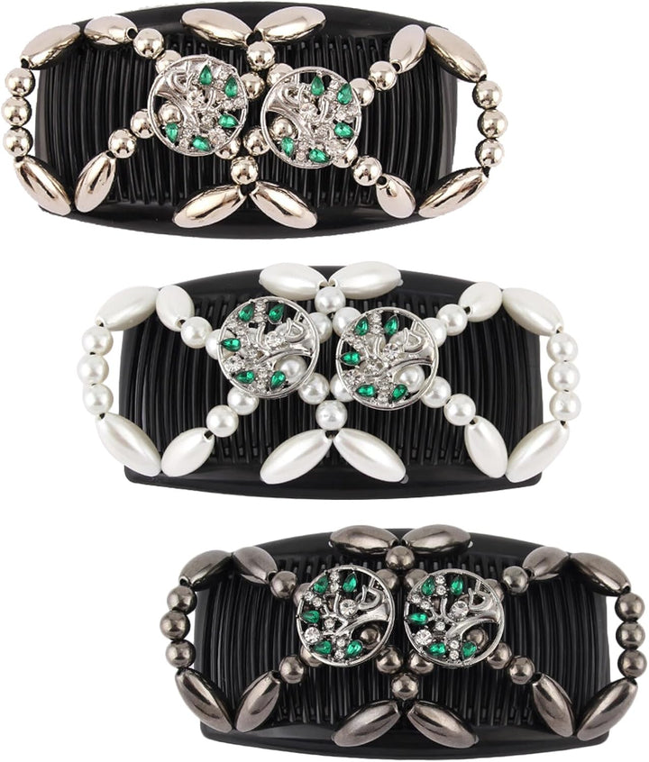 Double Clip Magic Elastic Beaded Hair Combs, 3PCS Double Sided Clips for DIY Hairstyling, Girls & Women Hair Accessories (Flowers)