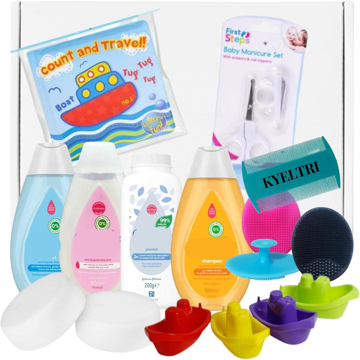 Baby Bath Bundle with Baby Toiletries, Silicone Baby Brushes and Comb for Cradle Cap and Baby Massage with Baby Sponges, Bath Book, Boats and Baby Manicure Set