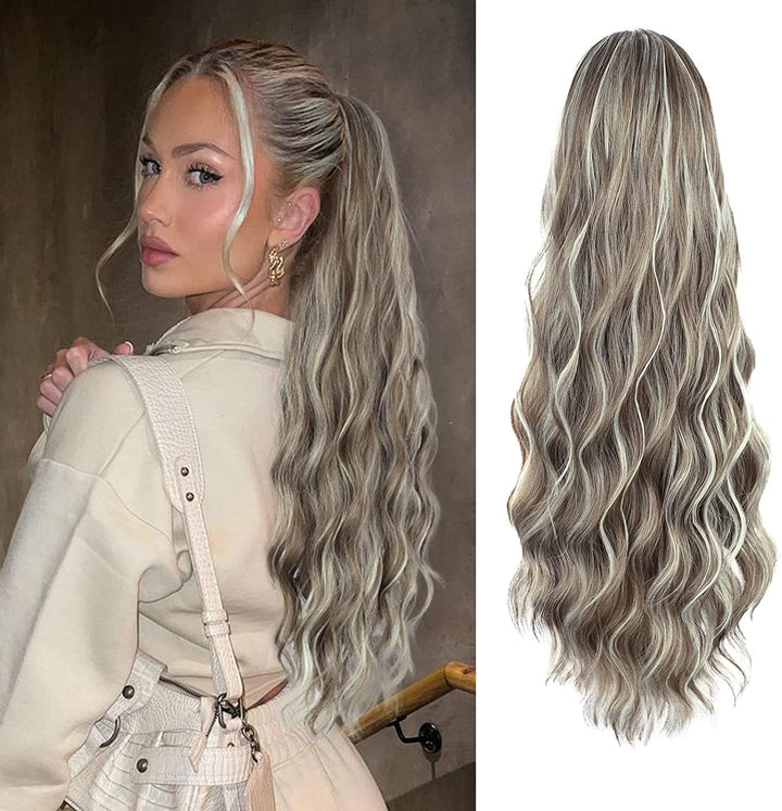 Long Wavy Ponytail Hair Extension for Black Women Drawstring Ponytail Hair Extensions Clip in Black Curly Synthetic Hairpiece