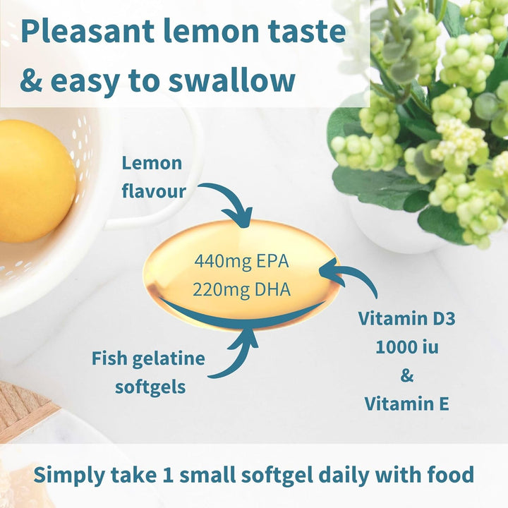 Igennus Advanced Omega-3 Fish Oil & D3 1000Iu, 1-A-Day 60 Servings, IFOS Certified, EPA DHA Fatty Acids, Rtg Triglyceride Form, Fast-Acting, Ultra Pure, Natural Lemon Flavour