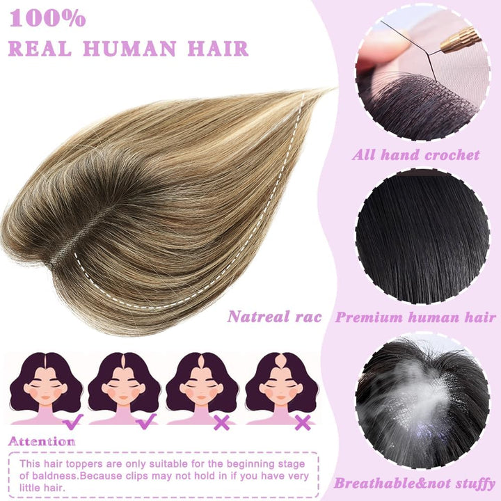 Hair Toppers with Thinninghair 100% Real Human Hair Topper for Women 10Inch Medium Brown Mix Blonde with Dark Brown Root Toppers 120% Density Top Toppee for Thinninghair4T427