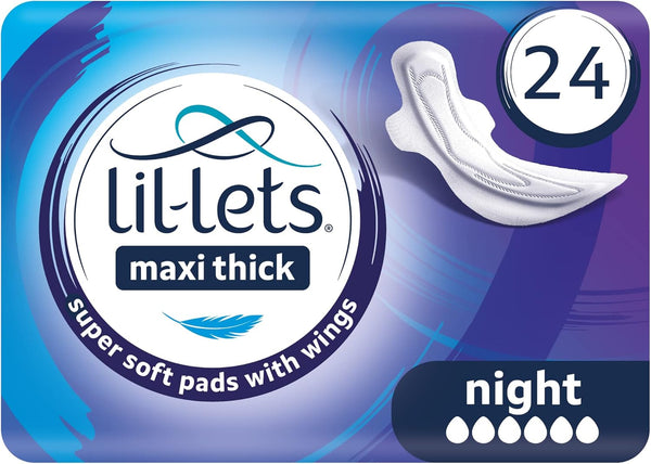 Maxi Thick Period Pads X 24, Night Absorbency, with Wings, 1 Pack of 24 Maxi Pads, for Very Heavy/Extra Heavy Overnight Flow, Unscented, Nightime Sanitary Towel (Packing May Vary)