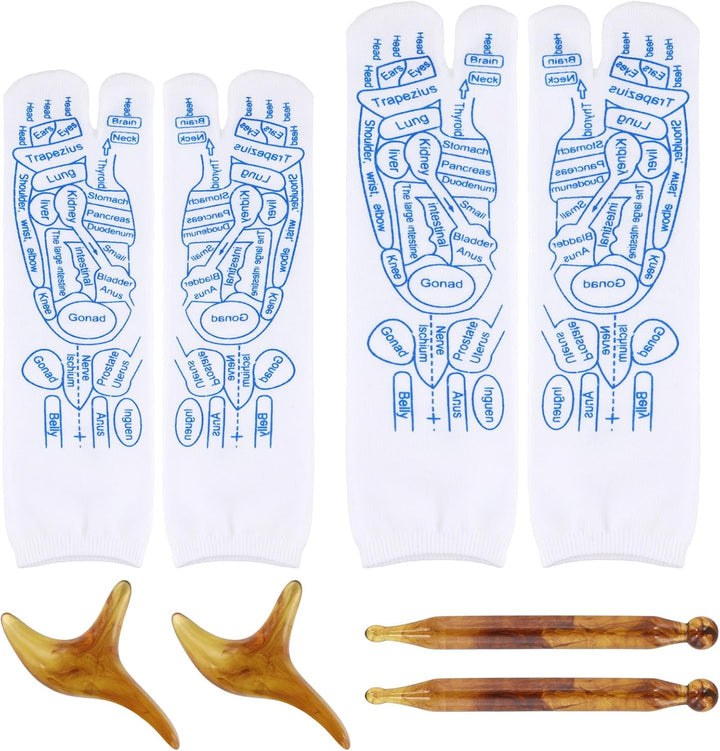 2 Pairs Reflexology Socks Set, Family Pressure Point Foot Massage Socks with Tool Toe Separate Acupuncture Finger-Pressing Charts Kit for Women Men