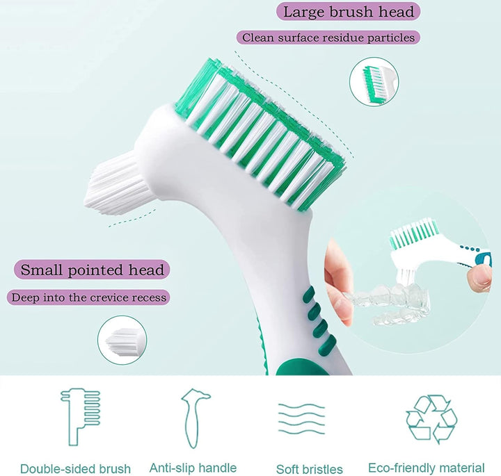 4Pcs Denture Brush, Retainer Brush, Denture Toothbrush, Portable Denture Cleaning Brush, Double Bristle Head Denture Brush, False Teeth Brush for Cleaning Retainers (Blue, Purple, Green,Orange)