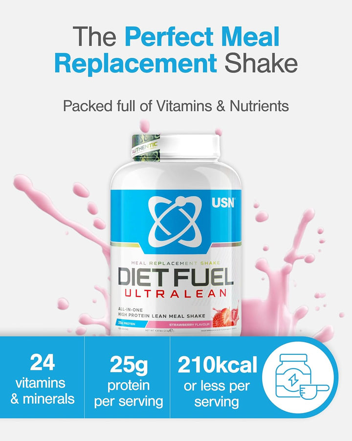 Diet Fuel Ultralean Meal Replacement Shake Powder (Strawberry, 2Kg - 36 Servings/Meals) Tasty High Protein Shake to Feel Full for Longer, Weight Control Powder, Drink Mix with 25G Protein