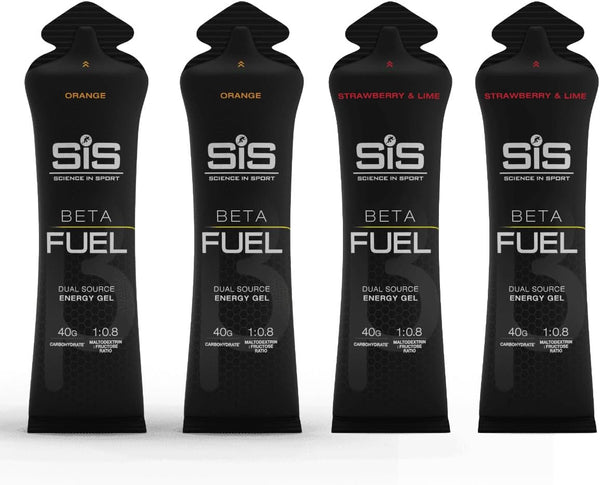 SIS Beta Fuel Energy Gels for Cycling Running Triathlon - Dual-Source Carbohydrate Blend - 40 G of Carbs - Gluten-Free - Informed Sport Certified - 4 Pack (4 Pack, 2 Orange / 2 Strawberry Lime)
