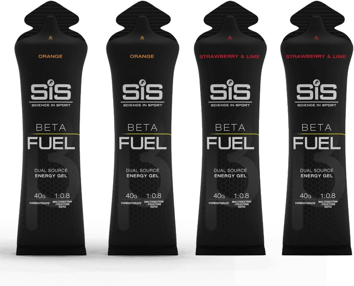 SIS Beta Fuel Energy Gels for Cycling Running Triathlon - Dual-Source Carbohydrate Blend - 40 G of Carbs - Gluten-Free - Informed Sport Certified - 4 Pack (4 Pack, 2 Orange / 2 Strawberry Lime)