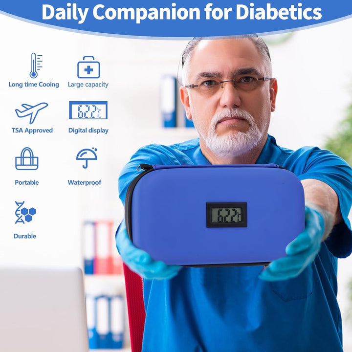 Insulin Cooler Travel Case TSA Approved Refrigerated Medicine Cooler for Travel W/Thermometer Temperature Diabetic Travel Case W/2 Reusable Ice Packs for Daily Life Trip, Blue