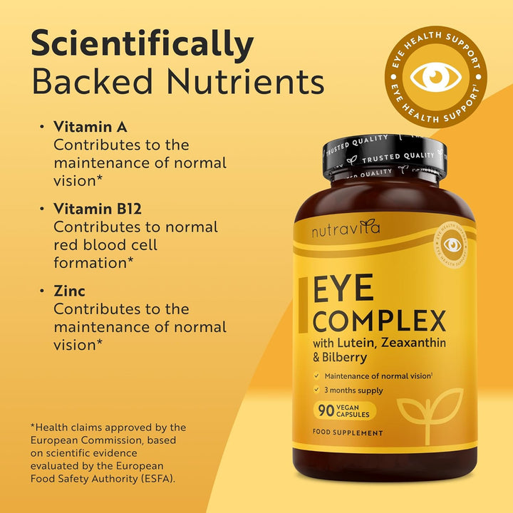 Lutein Natural Eye Supplement – 90 Vegan Capsules - Zeaxanthin, Bilberry Extract, Vitamins A, B12 & Zinc – for Maintenance of Normal Vision – Made in the UK