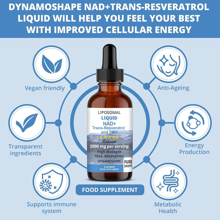 LIPOSOMAL Liquid NAD+ Trans-Resveratrol and TMG Supplement for Cellular Repair & Energy Metabolism, 2000 Mg, 60 Ml