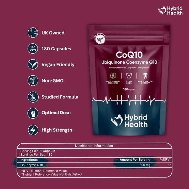 Ubiquinone Coenzyme Q10 300 MG Supplement | 180 Vegan Coq10 Capsules | Super Strength Vegan Friendly Naturally Fermented Coq10 Supplement | Non-Gmo | 6 Months Supply