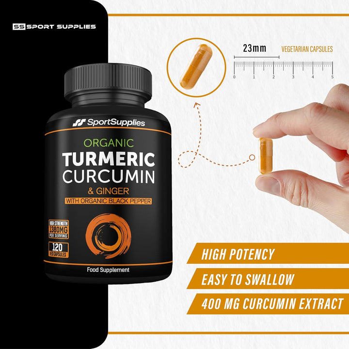 Organic Turmeric Capsules High Strength and Black Pepper with Active Curcumin with Ginger 1380Mg - Advanced Tumeric - Each 120 Veg Capsule Is Organic (2 Capsules per Serving)