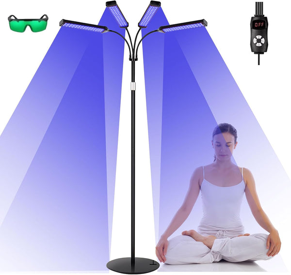 Tanning Lamp for Home with 660Nm & 850Nm Blue Light, 540Pcs Leds Tanning Lamp with 4 Lamp Heads, Adjustable Height and Angle, 3 Modes, 5 Brightness Levels, Timer Setting, Sunbeds for Face and Body