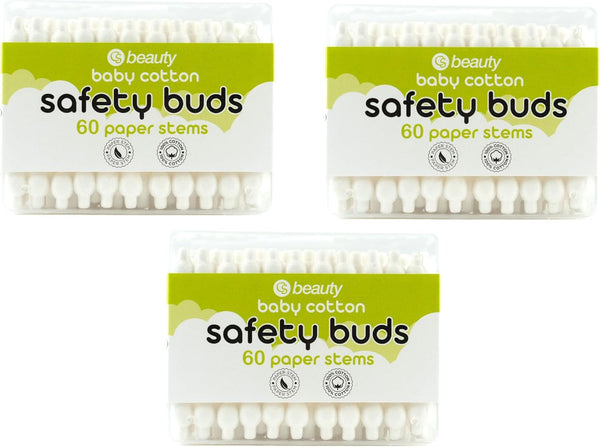 180 Pcs  Safety Cotton Buds Paper Stem with Large Tips for Baby - Children - Kids - (3 Tubs of 60 Buds) 100% Cotton
