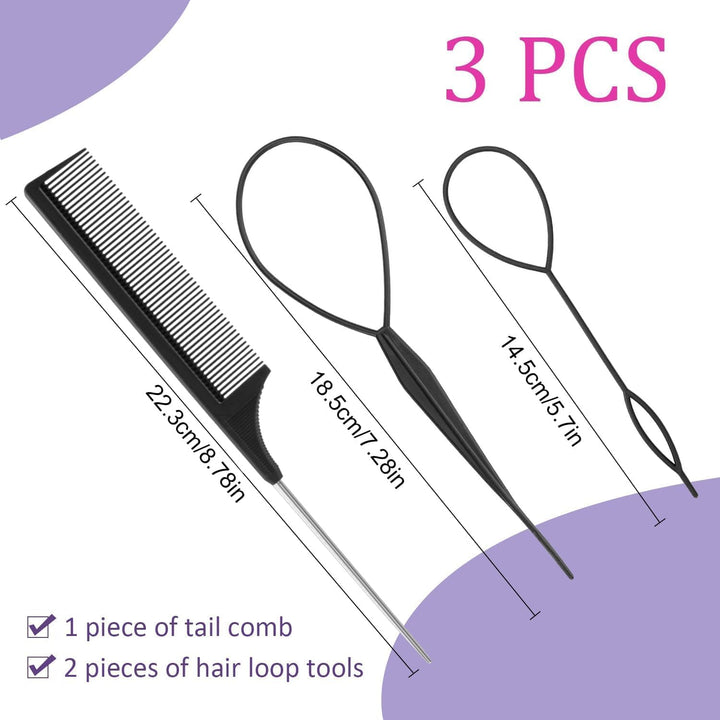 3Pcs Topsy Tail Hair Tool, Hair Braiding Tool French Braid Loop Tool, Rat Tail Comb Fast Hair Styling Accessories (Black)