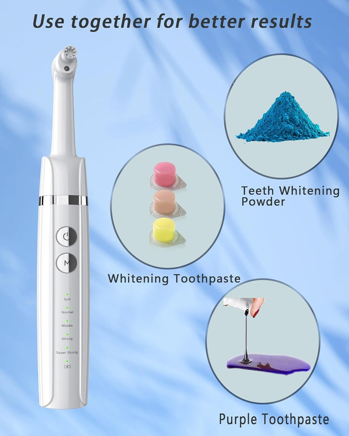 Tooth Polisher,  Teeth Whitening Kit with 5 Modes for Plaque Stain Removal Yellow Teeth, Teeth Polisher Stain Remover with 5 Heads & 3 Polishing Paste, Rechargeable