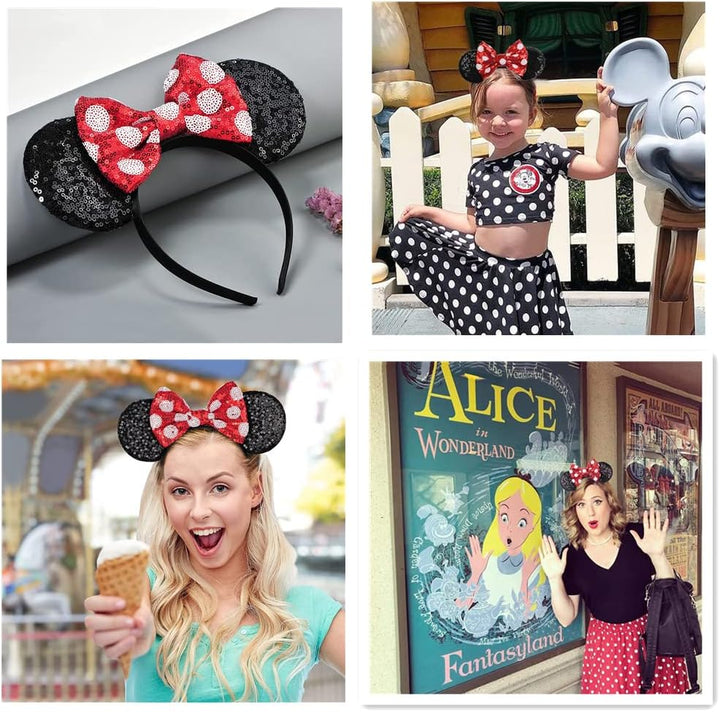 Mouse Ears Bow Headbands Shiny Bows Glitter Party Decoration Cosplay Costume for Kids Girls Women Princess Party Decorations Cosplay (Black+Red))