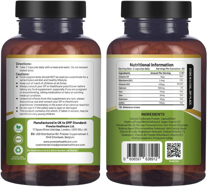 Vegan Vital Multivitamins and Minerals | 120 Vegan Multivitamin Capsule | Calcium, Vitamin B12, Vitamin B2, Vitamin D3, Selenium, Iodine, Zinc & Iron | by Prowise Healthcare