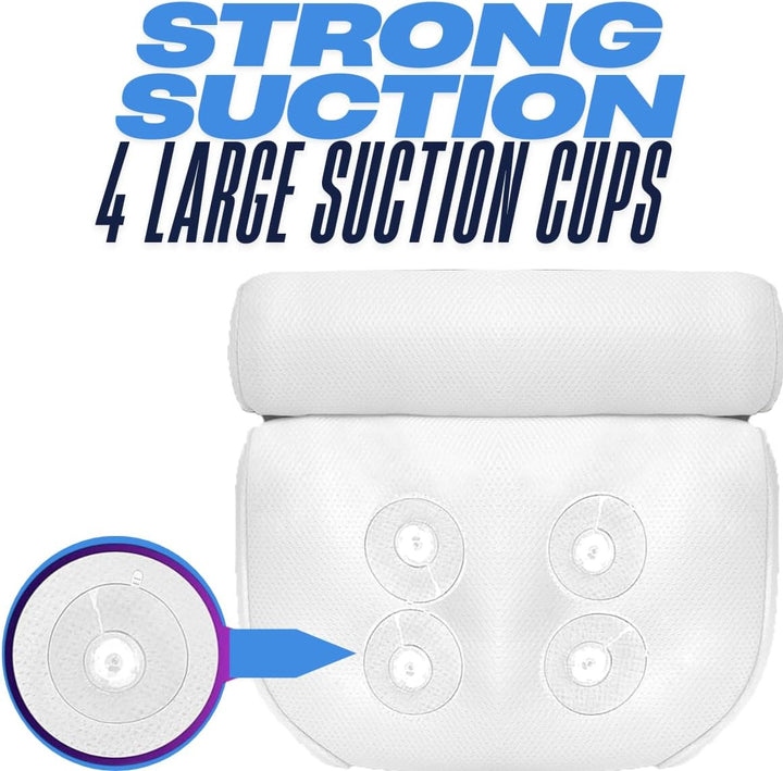 ®Bath Pillow - Extra Thick and Soft with Strong Suction Cups, Bath Pillow for Head and Neck with 3D Air Mesh Quality Comfort & Built-In Hook for Easy Drying & Storage (White)