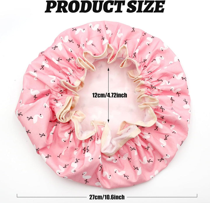 Shower Cap for Women, Elastic Band Waterproof Plastic Shower Cap, Double Layers Reusable with Ruffled Edge Covering Ears for Long, Short and Curly Hair (Pink Bird)