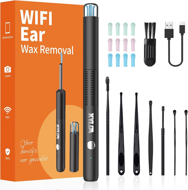 Ear Wax Removal Kit with 1920P HD Camera Wireless Otoscope Earwax Cleaner with 12 PCS Ear Spoons & 6 LED Lights Earwax Remover Tool Portable Type-C Rechargeable for Iphone Ipad Android (Black)