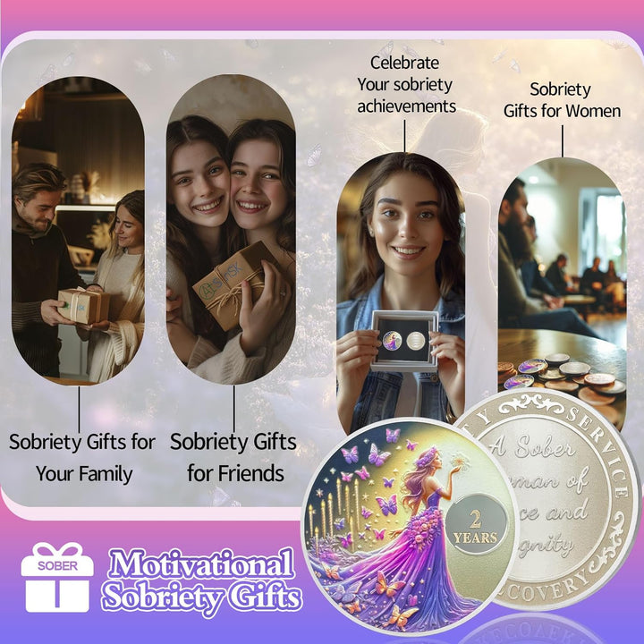 Butterfly Fairy 2 Year Sobriety Chip, Sober Women Two Year Sober Chip - Clean AA Chips and Medallion - Recovery Affirmation NA AA Coin - Narcotics Alcoholics Anonymou Sobriety Gifts for Women