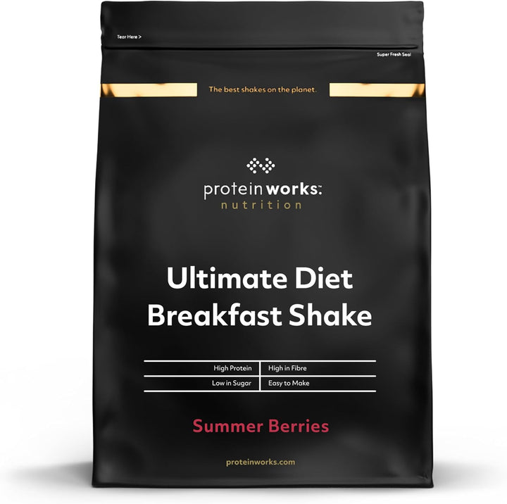 Protein Works - Ultimate Diet Breakfast Shake, On-The-Go Healthy Weight Loss Meal Replacement, Added Caffeine, Low Calorie, Low Sugar, Banana Cake, 9 Servings, 500G