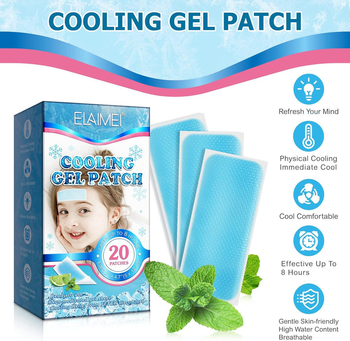 20 Sheets Cooling Fever Patch for Kids,Cooling Forehead Strips Cooling Gel Pads for Baby Children Adult, Forehead Fever Cool Pads