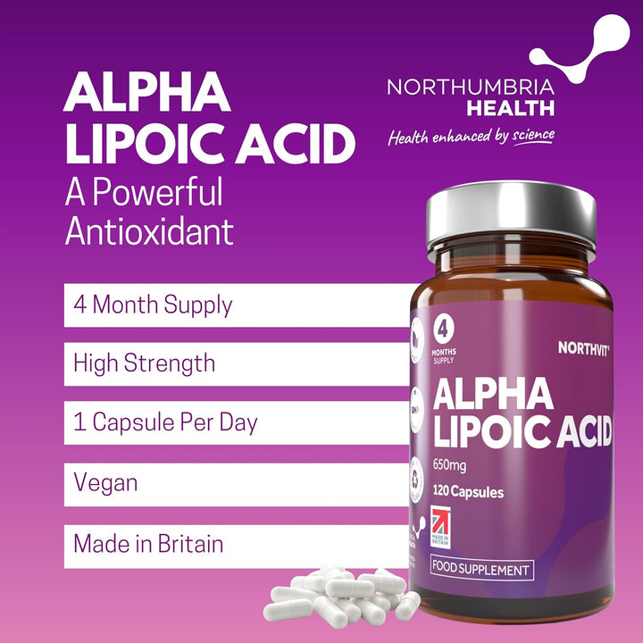 Alpha Lipoic Acid 650Mg Capsules, 50/50 Blend of Both R-ALA & S-ALA, 120 Vegan Capsules (4 Month Supply), Powerful Natural Protective Antioxidant, Made in UK